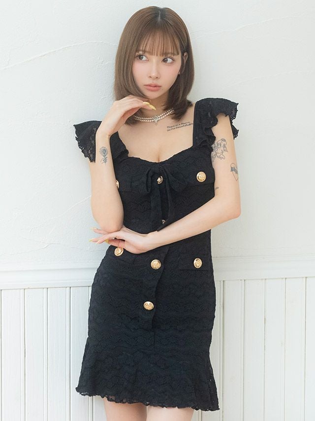 半袖 スクエアネック レース リボン ゴールドボタン マーメイドミニドレス