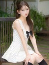 ノースリーブ フリル プリーツ リボン ドット フレアミニドレス