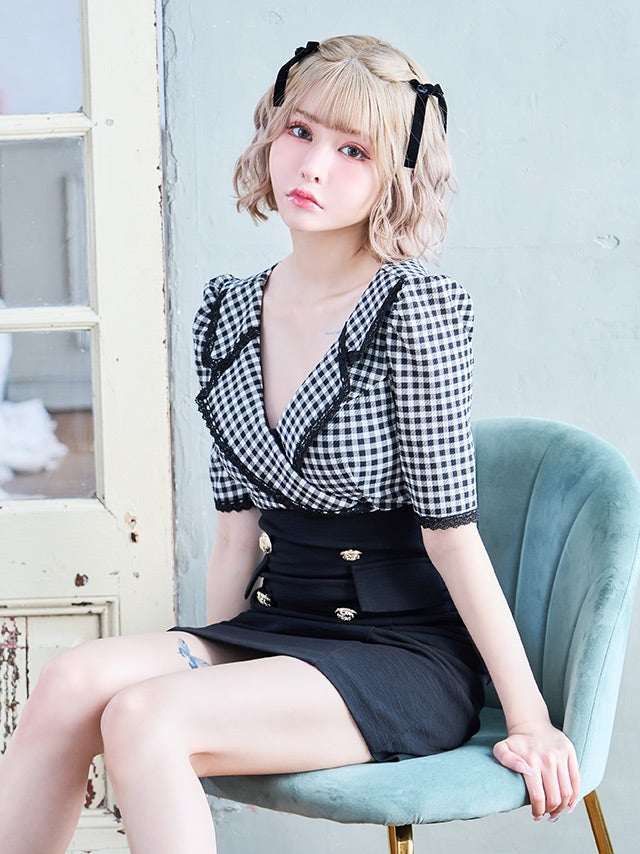 キャバドレス 韓国  袖ありギンガムチェック柄レース襟デザインテーラードカラータイトミニドレス