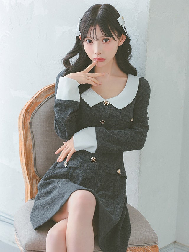 バイカラー 襟デザイン 長袖 パフスリーブ フレアミニドレス