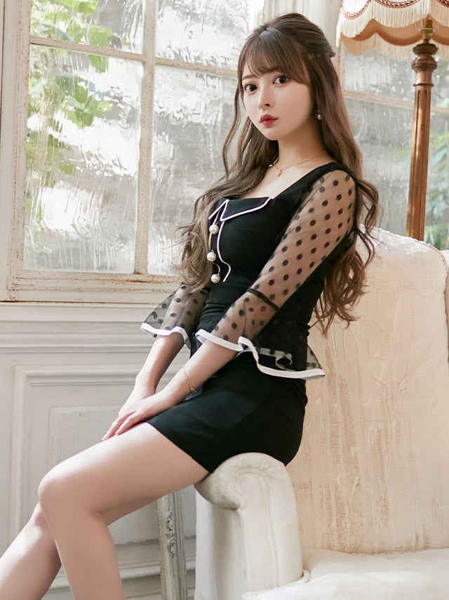 ドット柄 シースルー パフスリーブ 袖あり タイトミニドレス