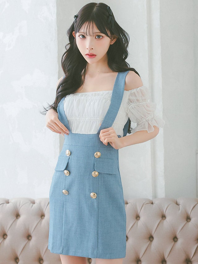 肩あきギャザーサロペット風タイトミニドレス