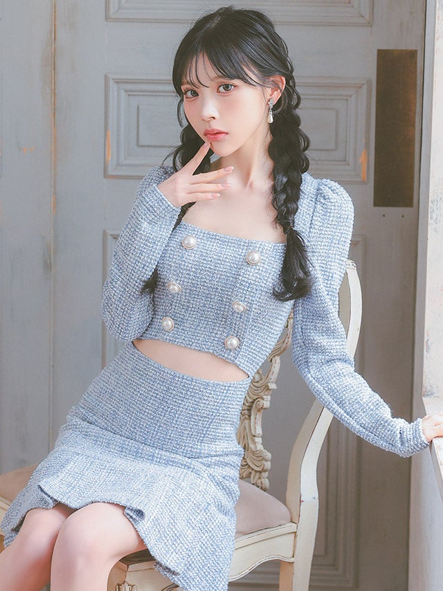 ツイード パールボタン 長袖 マーメイド ミニドレス