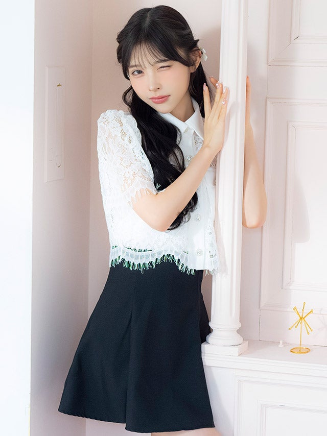 襟つき 半袖 レースシャツ フレアミニスカート セットアップ