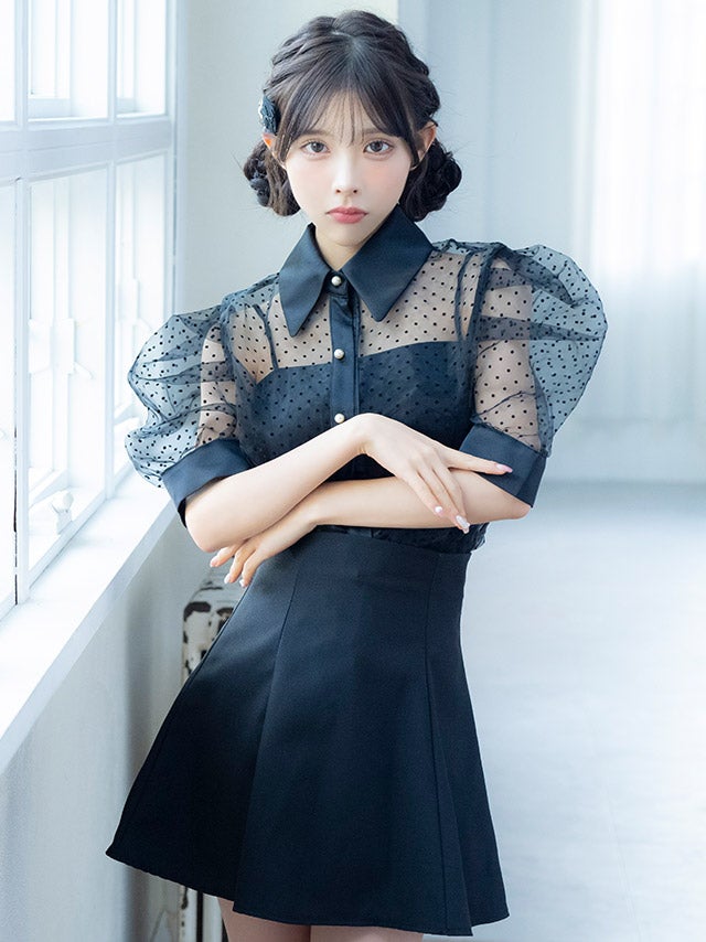 半袖 ドット 襟デザイン シアーシャツ フレアミニスカート セットアップ