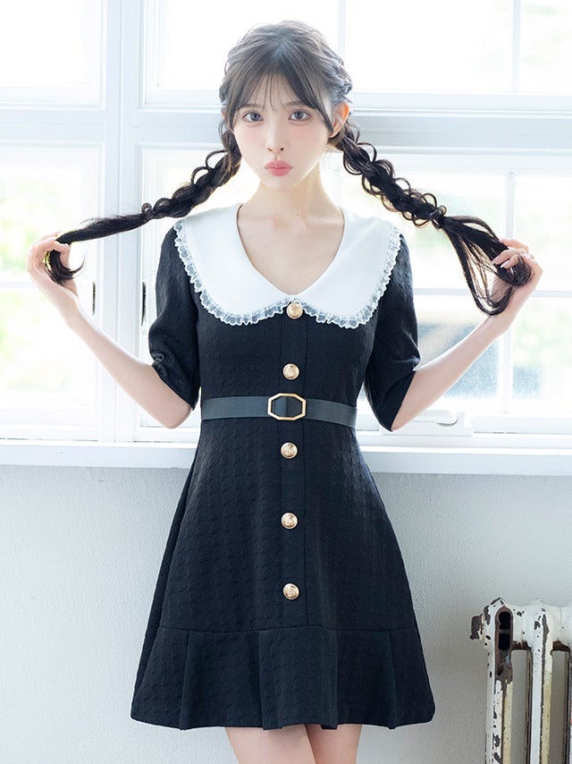 フリル襟デザインベルト付きゴールドボタン半袖フレアミニドレス