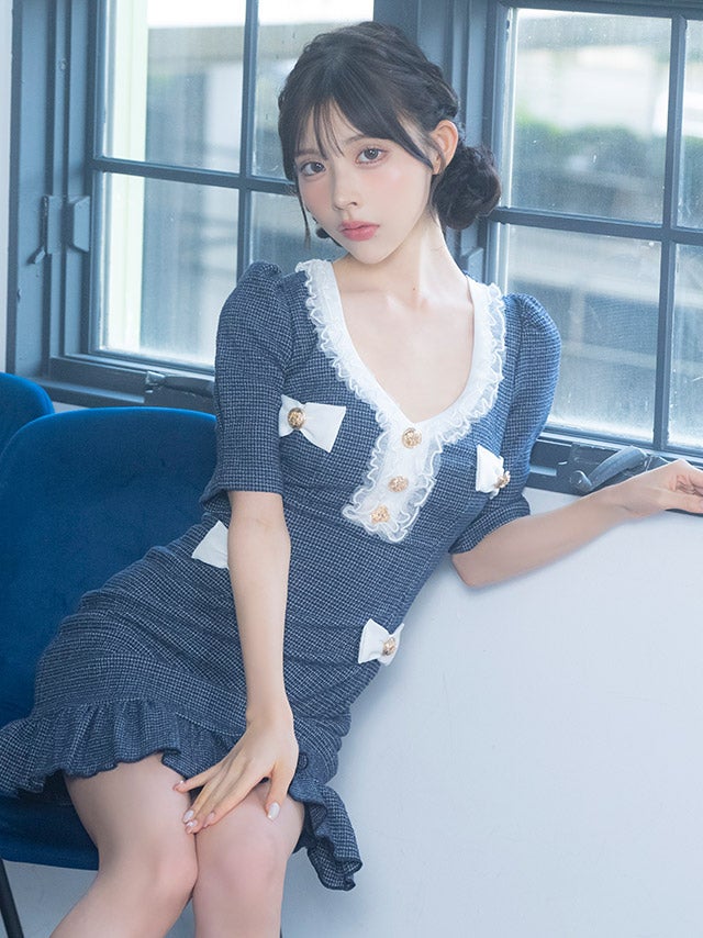 ゴールドボタンフリルパイピング半袖リボンデザインツイードフリルマーメイドミニドレス