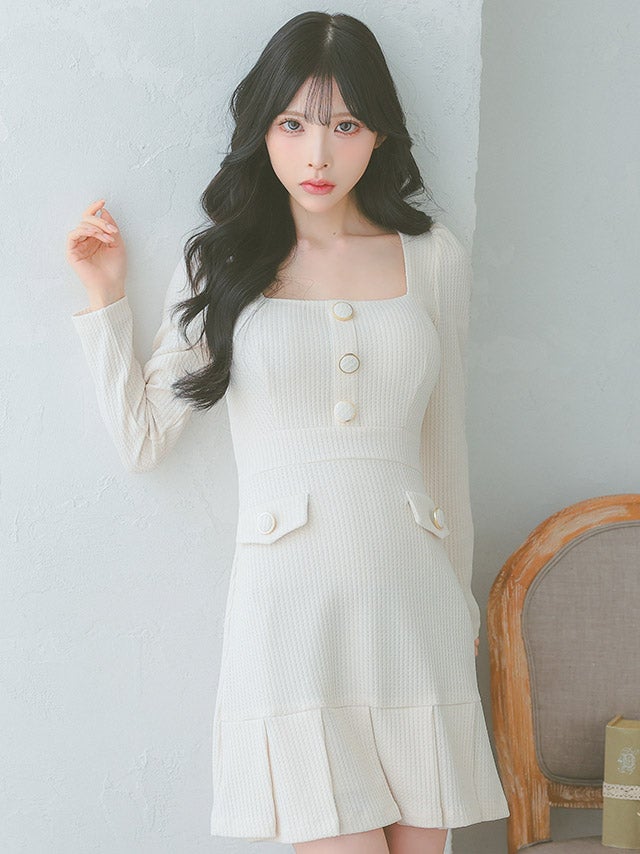 ワッフル素材 スクエアネック 長袖 マーメイド ミニドレス