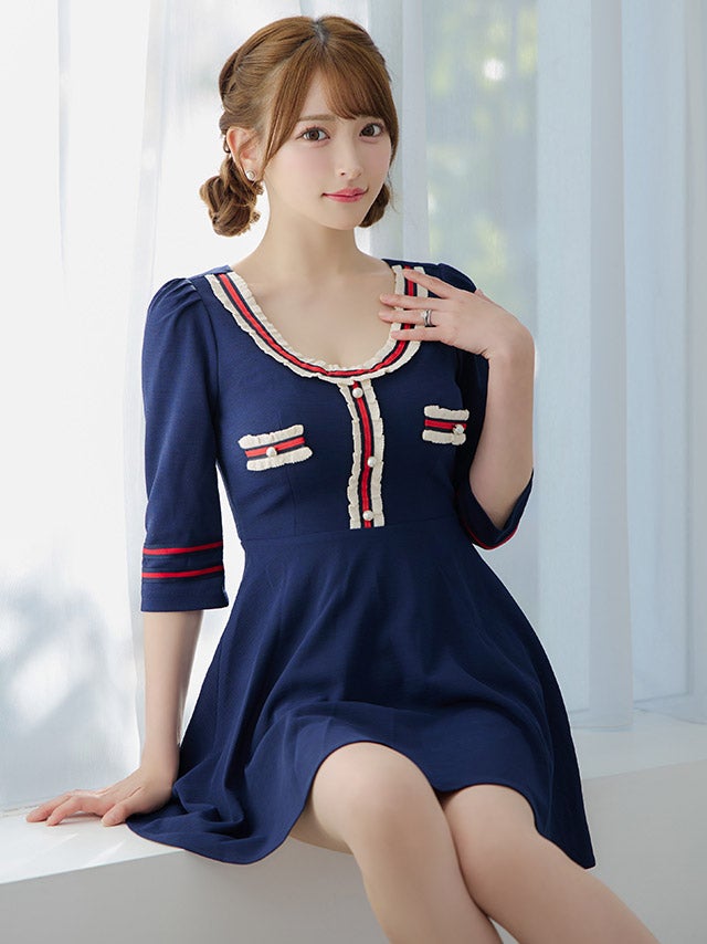 異素材配色ラインフレア袖ありパフスリーブミニドレス