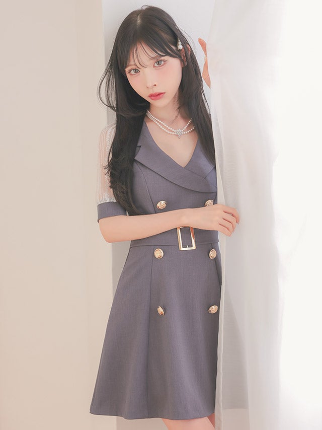 キャバドレス 韓国   襟デザインレース袖ウエストベルトダブルボタンフレアミニドレス