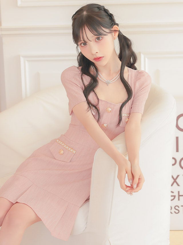 スクエアネック 半袖 ゴールドボタン ポケット フレアミニドレス