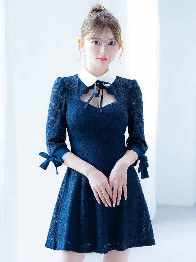 キャバドレス 襟デザインネックリボン総レース袖ありフレアミニドレス