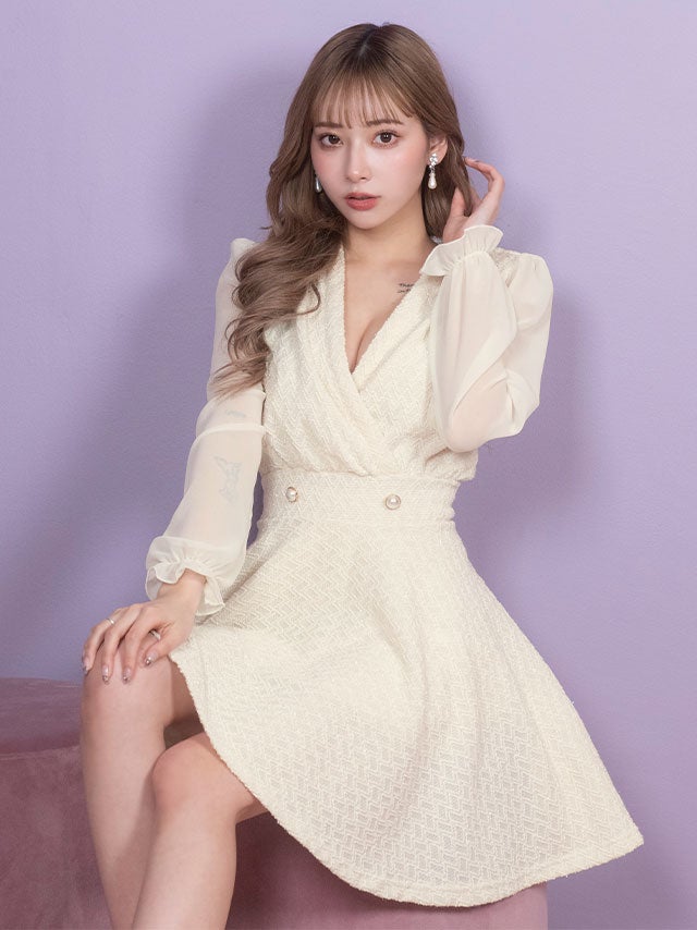 襟デザインカシュクール長袖パフスリーブラメ入りニットフレアミニドレス