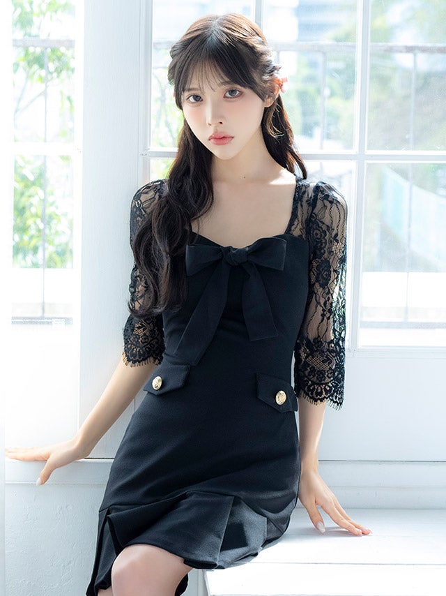 ネックリボン フリルスカート 五分袖 レーススリーブ マーメイド ミニドレス