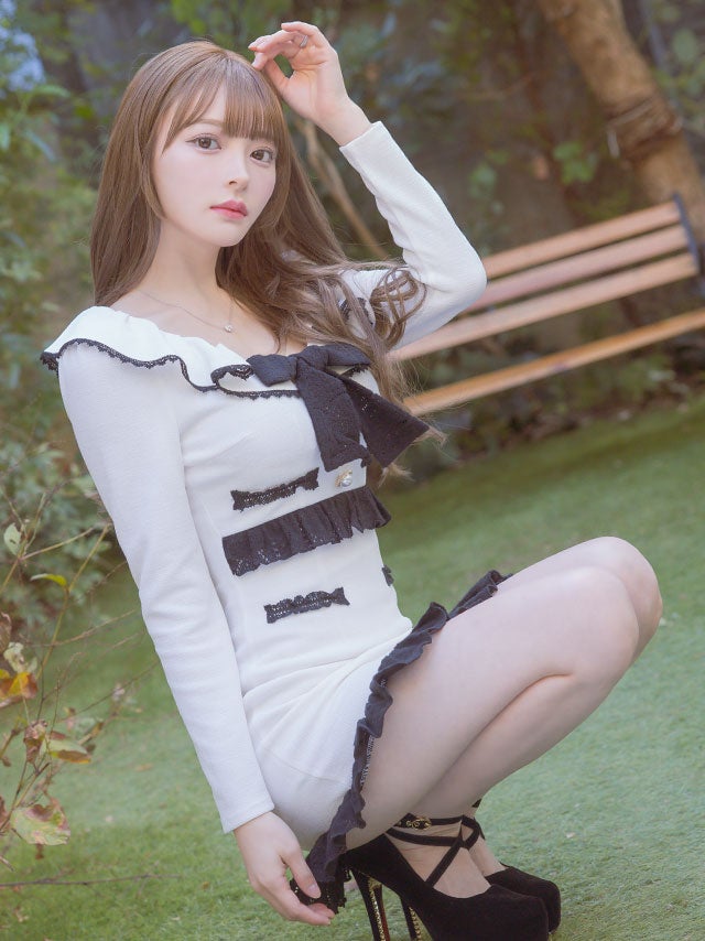 ネックリボン レースフリル 長袖 バイカラー タイトミニドレス