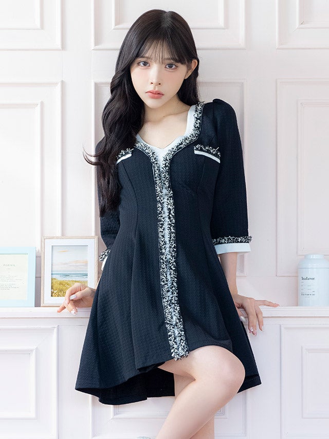 異素材 モノトーン 袖あり ツイード フレアミニドレス