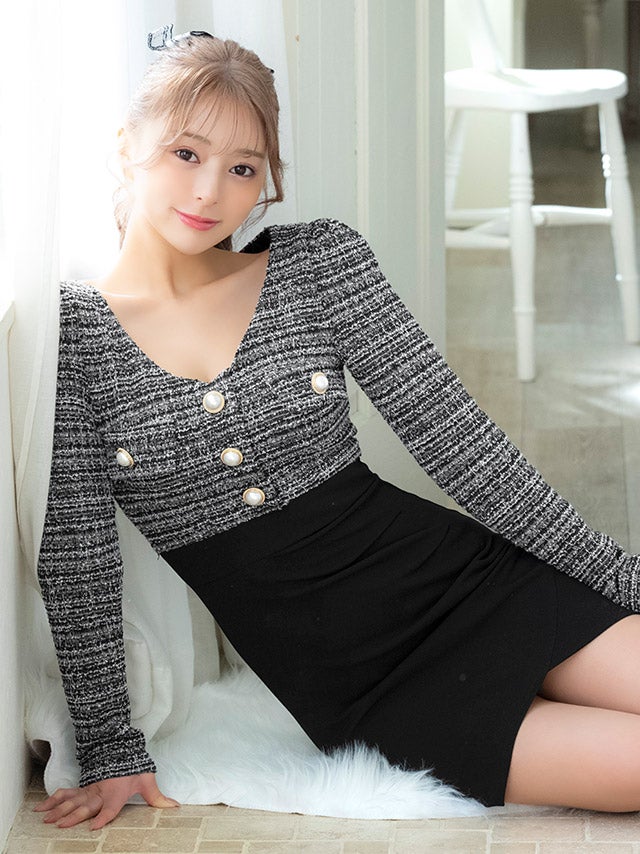 長袖 ツイード タイト モノトーン ウエスト切り替え パールボタン ミニドレス